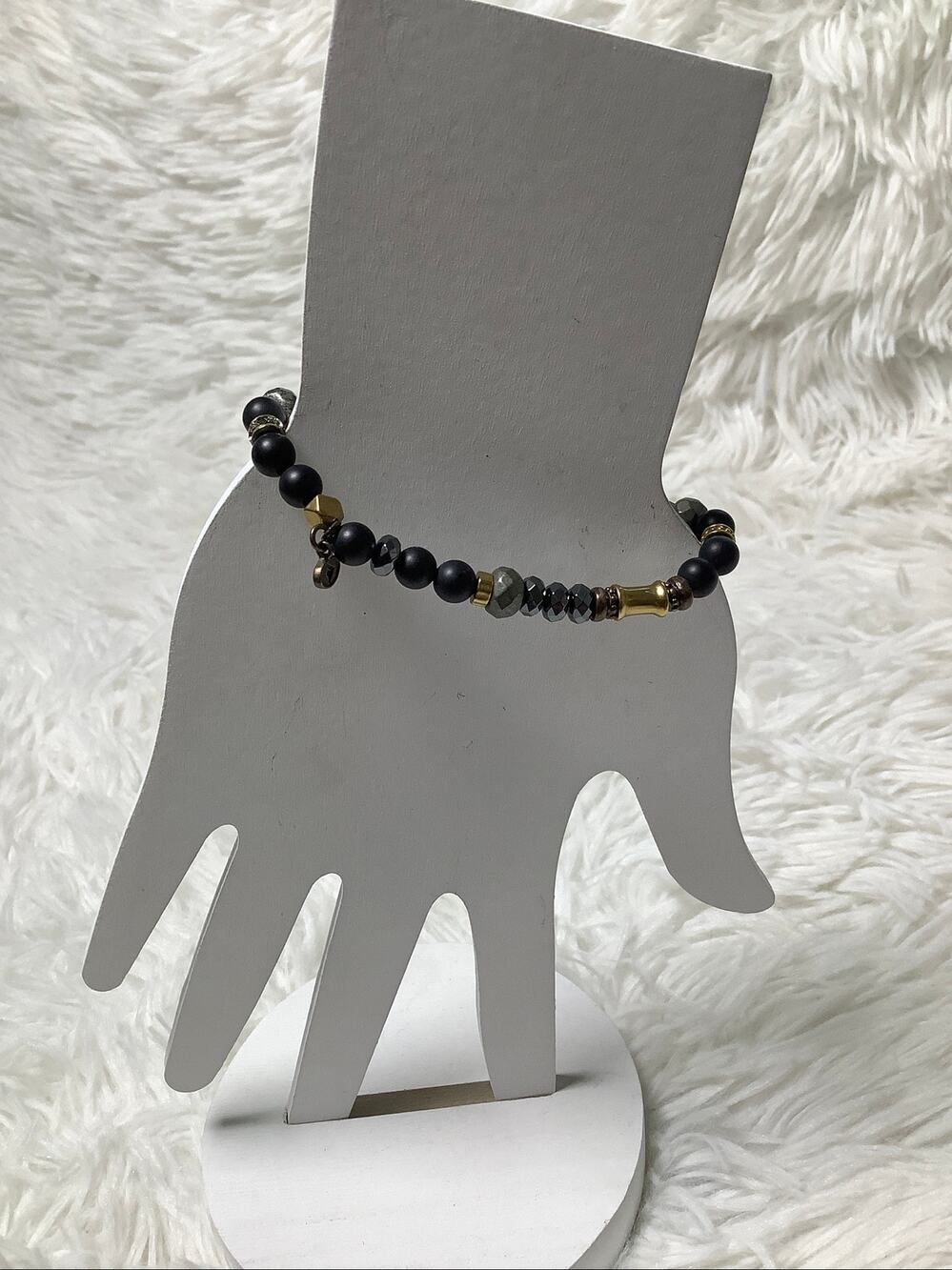 Silpada Sightseer Agate Hematite Stone Beaded Stretch Bracelet Boho Chic E3-35